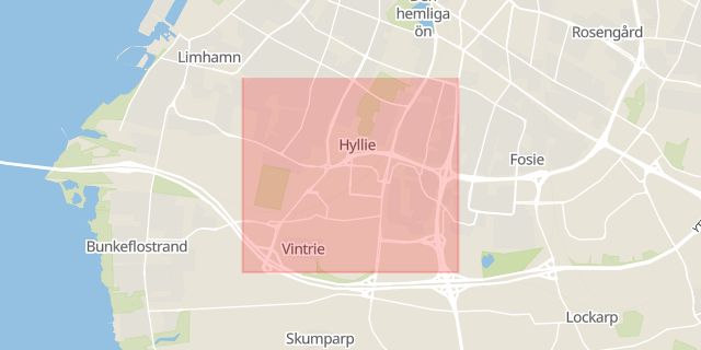 Karta som med röd fyrkant ramar in Hyllie, Malmö, Skåne län