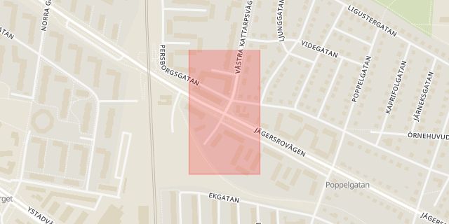 Karta som med röd fyrkant ramar in Persborg, Jägersrovägen, Västra Kattarpsvägen, Malmö, Skåne län