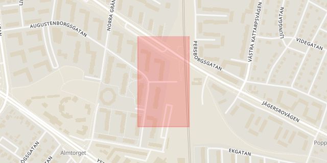 Karta som med röd fyrkant ramar in Augustenborgsgatan, Malmö, Skåne län