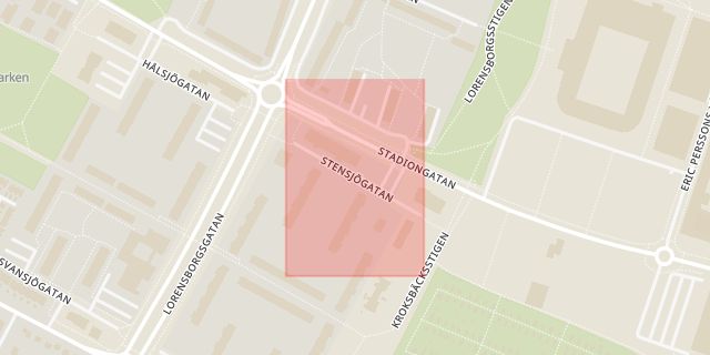 Karta som med röd fyrkant ramar in Stensjögatan, Malmö, Skåne län