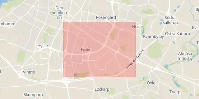 Karta som med röd fyrkant ramar in Fosie, Södra Malmö, Malmö, Skåne län