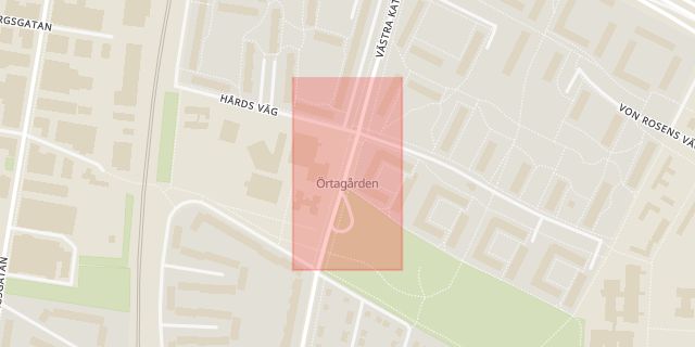 Karta som med röd fyrkant ramar in Örtagården, Malmö, Skåne län