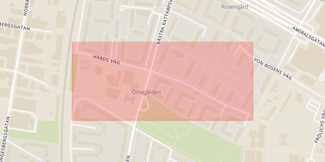 Karta som med röd fyrkant ramar in Hårds Väg, Malmö, Skåne län