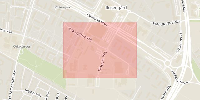 Karta som med röd fyrkant ramar in Rosengård, Von Rosens Väg, Malmö, Skåne län