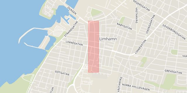Karta som med röd fyrkant ramar in Limhamn, Järnvägsgatan, Malmö, Skåne län