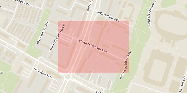 Karta som med röd fyrkant ramar in Vendelsfridsgatan, Malmö, Skåne län