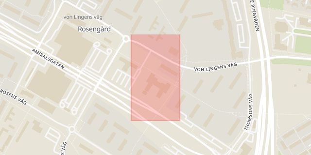 Karta som med röd fyrkant ramar in Von Troils Väg, Rosengård, Von Lingens Väg, Malmö, Skåne län