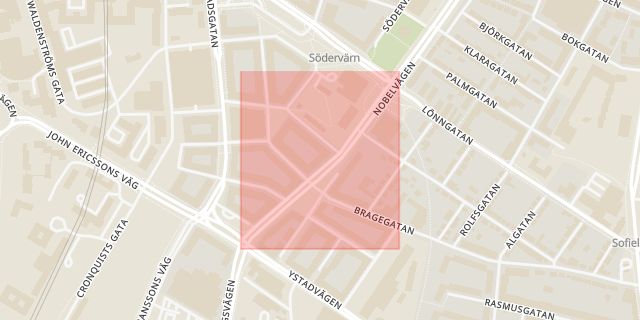 Karta som med röd fyrkant ramar in Sofielund, Nobelvägen, Malmö, Skåne län