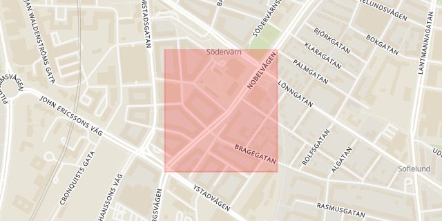 Karta som med röd fyrkant ramar in Rosengård, Nobelvägen, Södervärn, Censorsgatan, Persborg, Kastanjegatan, Malmö, Skåne län
