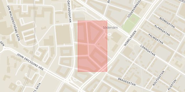 Karta som med röd fyrkant ramar in Södervärn, Uppsalagatan, Malmö, Skåne län