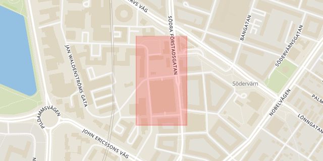 Karta som med röd fyrkant ramar in Östra Farmvägen, Möllevångstorget, Södervärn, Fritz Bauers Gata, Malmö, Skåne län