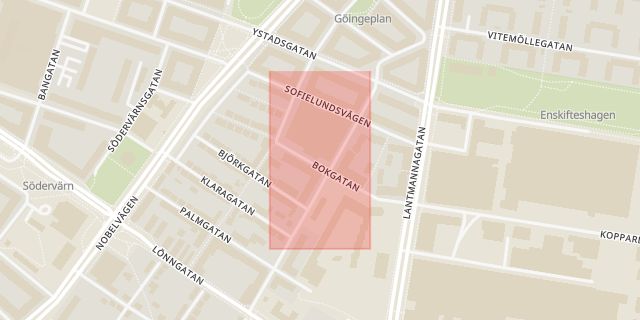 Karta som med röd fyrkant ramar in Sofielund, Nobelvägen, Sofielundsvägen, Malmö, Skåne län