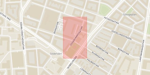 Karta som med röd fyrkant ramar in Södervärn, Södervärnsgatan, Malmö, Skåne län