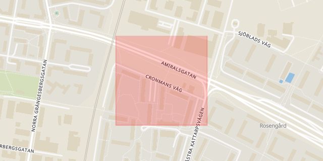 Karta som med röd fyrkant ramar in Cronmans Väg, Rosengård, Malmö, Skåne län