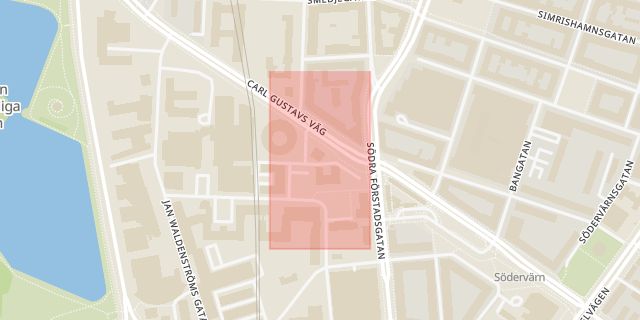 Karta som med röd fyrkant ramar in Ruth Lundskogs Gata, Malmö, Skåne län