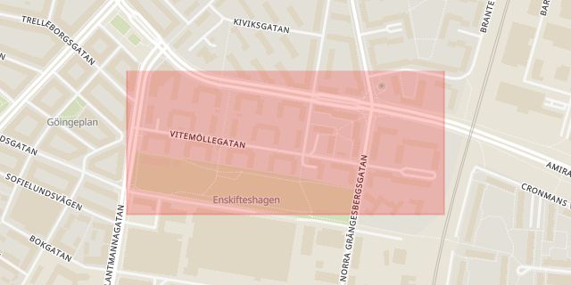 Karta som med röd fyrkant ramar in Annelund, Vitemöllegatan, Malmö, Skåne län