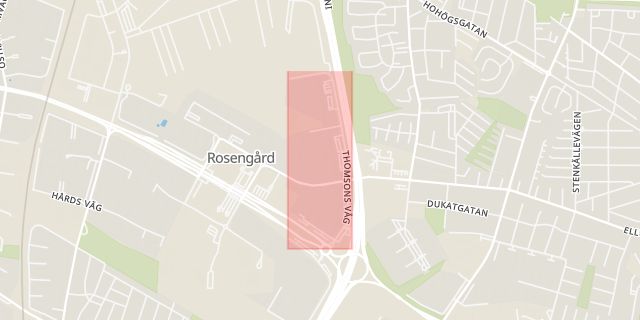 Karta som med röd fyrkant ramar in Rosengård, Thomsons Väg, Malmö, Skåne län