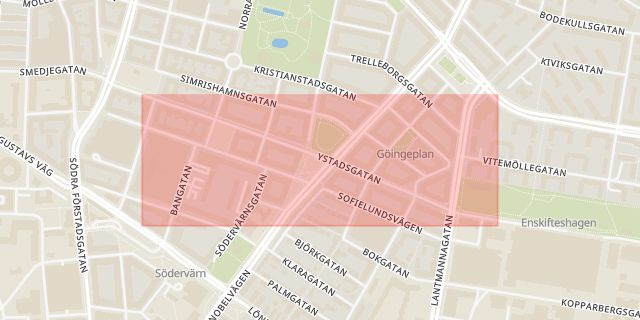 Karta som med röd fyrkant ramar in Ystadsgatan, Malmö, Skåne län