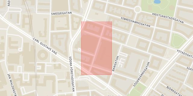 Karta som med röd fyrkant ramar in Möllevången, Claesgatan, Malmö, Skåne län