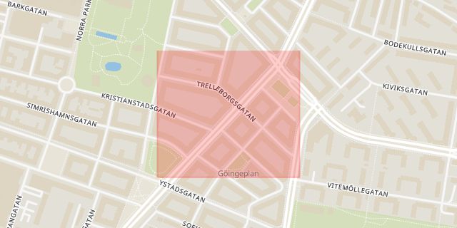 Karta som med röd fyrkant ramar in Trelleborgsgatan, Malmö, Skåne län