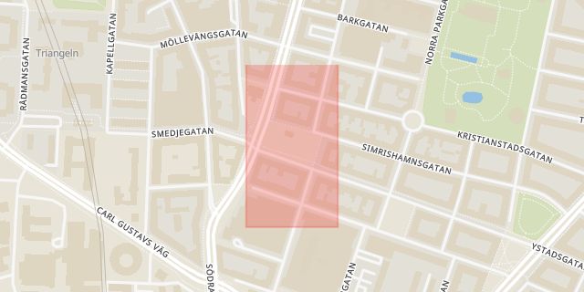 Karta som med röd fyrkant ramar in Möllevångstorget, Malmö, Skåne län