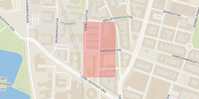 Karta som med röd fyrkant ramar in Smedjegatan, Nikolaigatan, Malmö, Skåne län