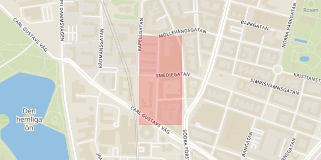 Karta som med röd fyrkant ramar in Möllevången, Nikolaigatan, Malmö, Skåne län