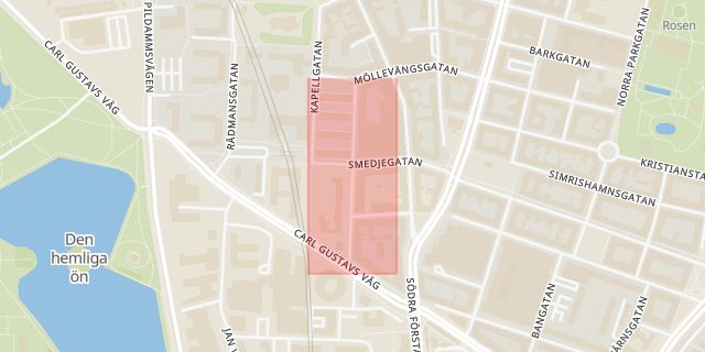 Karta som med röd fyrkant ramar in Nikolaigatan, Malmö, Skåne län