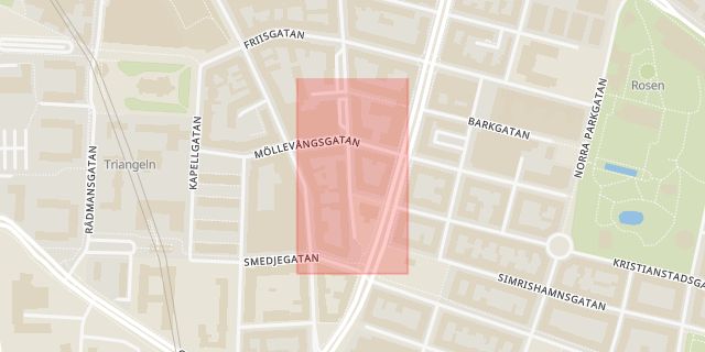 Karta som med röd fyrkant ramar in Möllevången, Möllevångsgatan, Södra Skolgatan, Malmö, Skåne län