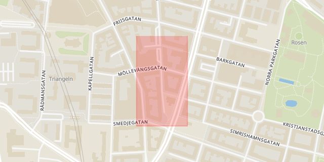 Karta som med röd fyrkant ramar in Möllevången, Södra Skolgatan, Malmö, Skåne län