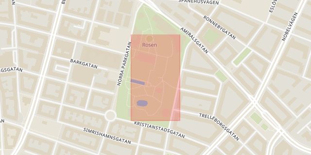 Karta som med röd fyrkant ramar in Möllevången, Folkets Park, Malmö, Skåne län