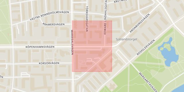 Karta som med röd fyrkant ramar in Fågelbacken, Köpenhamnsvägen, Malmö, Skåne län