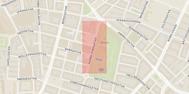 Karta som med röd fyrkant ramar in Norra Parkgatan, Malmö, Skåne län