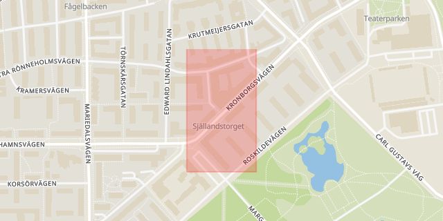 Karta som med röd fyrkant ramar in Själlandstorget, Roskildevägen, Malmö, Skåne län