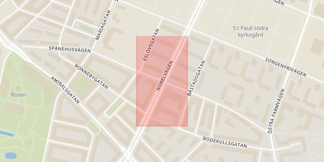 Karta som med röd fyrkant ramar in Sorgenfri, Nobelvägen, Spånehusvägen, Malmö, Skåne län