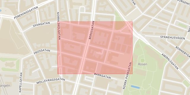 Karta som med röd fyrkant ramar in Monbijougatan, Malmö, Skåne län