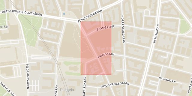 Karta som med röd fyrkant ramar in Södra Förstadsgatan, Möllevångsgatan, Malmö, Skåne län