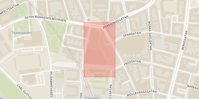 Karta som med röd fyrkant ramar in Södra Förstadsgatan, Triangeln, Malmö, Skåne län