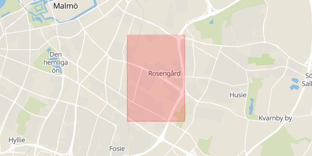 Karta som med röd fyrkant ramar in Rosengård, Malmö, Skåne län