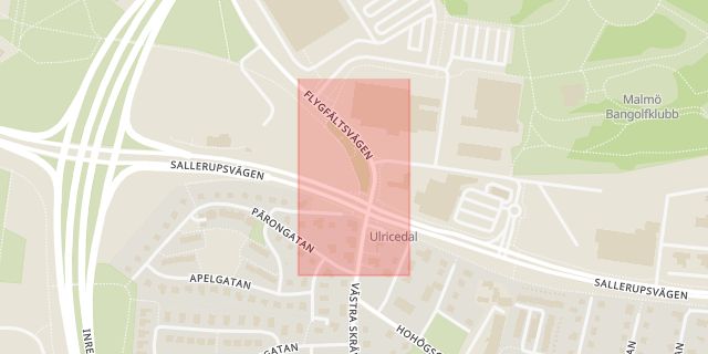 Karta som med röd fyrkant ramar in Ulricedal, Malmö, Skåne län