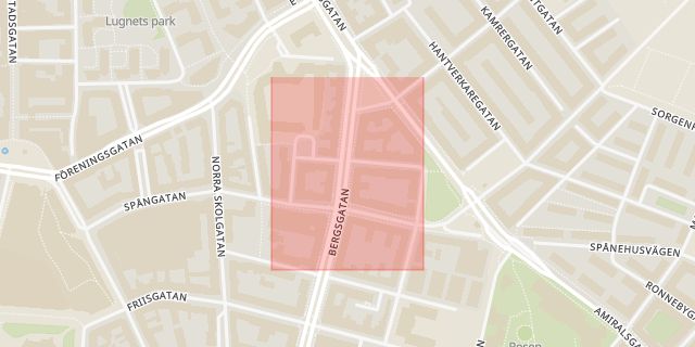 Karta som med röd fyrkant ramar in Almbacksgatan, Malmö, Skåne län