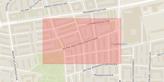 Karta som med röd fyrkant ramar in Östra Kristinelundsvägen, Malmö, Skåne län