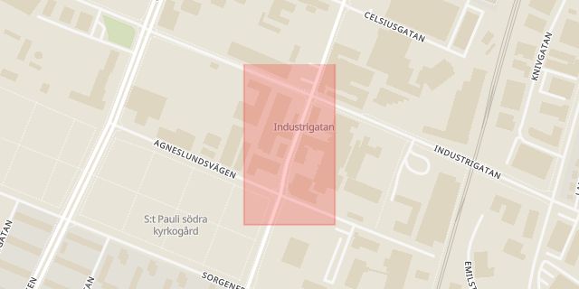 Karta som med röd fyrkant ramar in Katrinelund, Industrigatan, Malmö, Skåne län