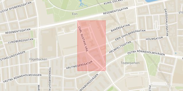 Karta som med röd fyrkant ramar in Hästhagen, Carl Gustafs Väg, Malmö, Skåne län