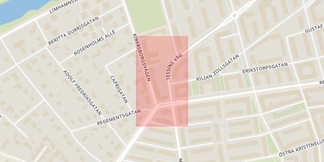 Karta som med röd fyrkant ramar in Fridhemstorget, Malmö, Skåne län