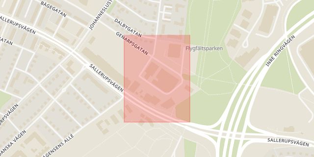 Karta som med röd fyrkant ramar in Baragatan, Malmö, Skåne län