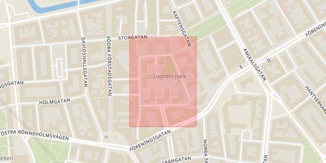 Karta som med röd fyrkant ramar in Lugna Gatan, Malmö, Skåne län