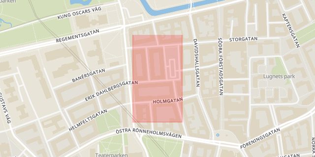 Karta som med röd fyrkant ramar in Davidshall, Pizzeria Med, Erik Dahlbergsgatan, Davidshallstorg, Malmö, Skåne län