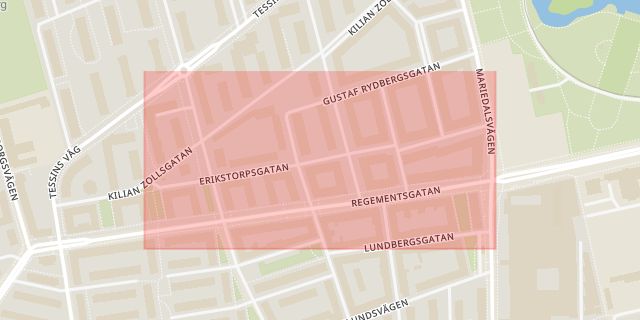 Karta som med röd fyrkant ramar in Erikstorpsgatan, Malmö, Skåne län