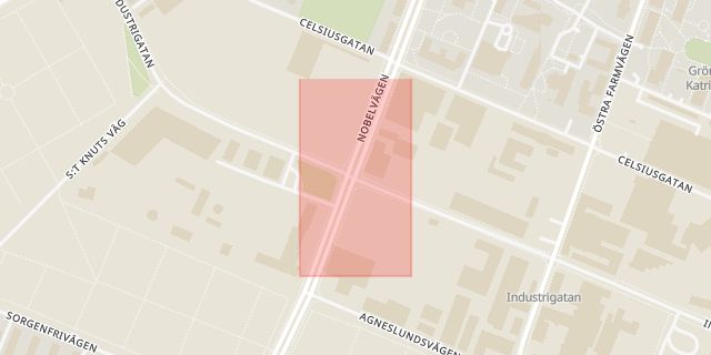 Karta som med röd fyrkant ramar in Industrigatan, Nobelvägen, Malmö, Skåne län